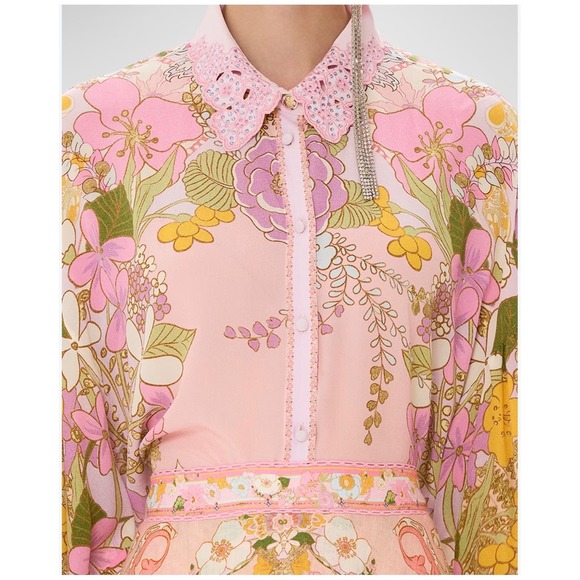 Camilla Tops - Camilla Kiss & Tell Curved Collar Blouse M Silk Crystal Floral Blouson Sleeve